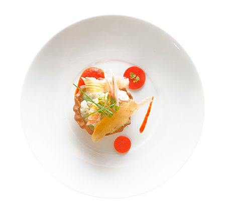 Ponthier - Tartelette de brandade au poivron rouge, langoustines et coulis de poivron rouge