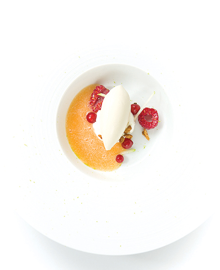 Ponthier - Iced Quercy melon with rosemary, honey ice cream, raspberries