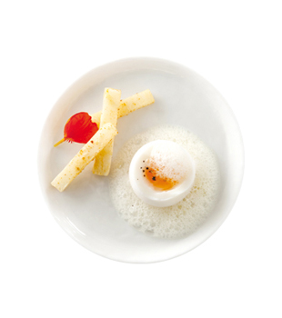 recette Ponthier Soft-boiled egg, celeriac and Granny Smith green apple soldiers, foam Green apple  